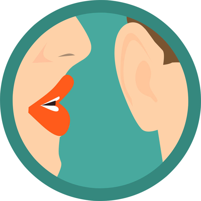 Zeichnung: der Mund einer Frau ganz nah beim Ohr einen Mannes, um ihm etwas ins Ohr zu flüstern, Stichwort Hörproblem. (c) Pixabay.com